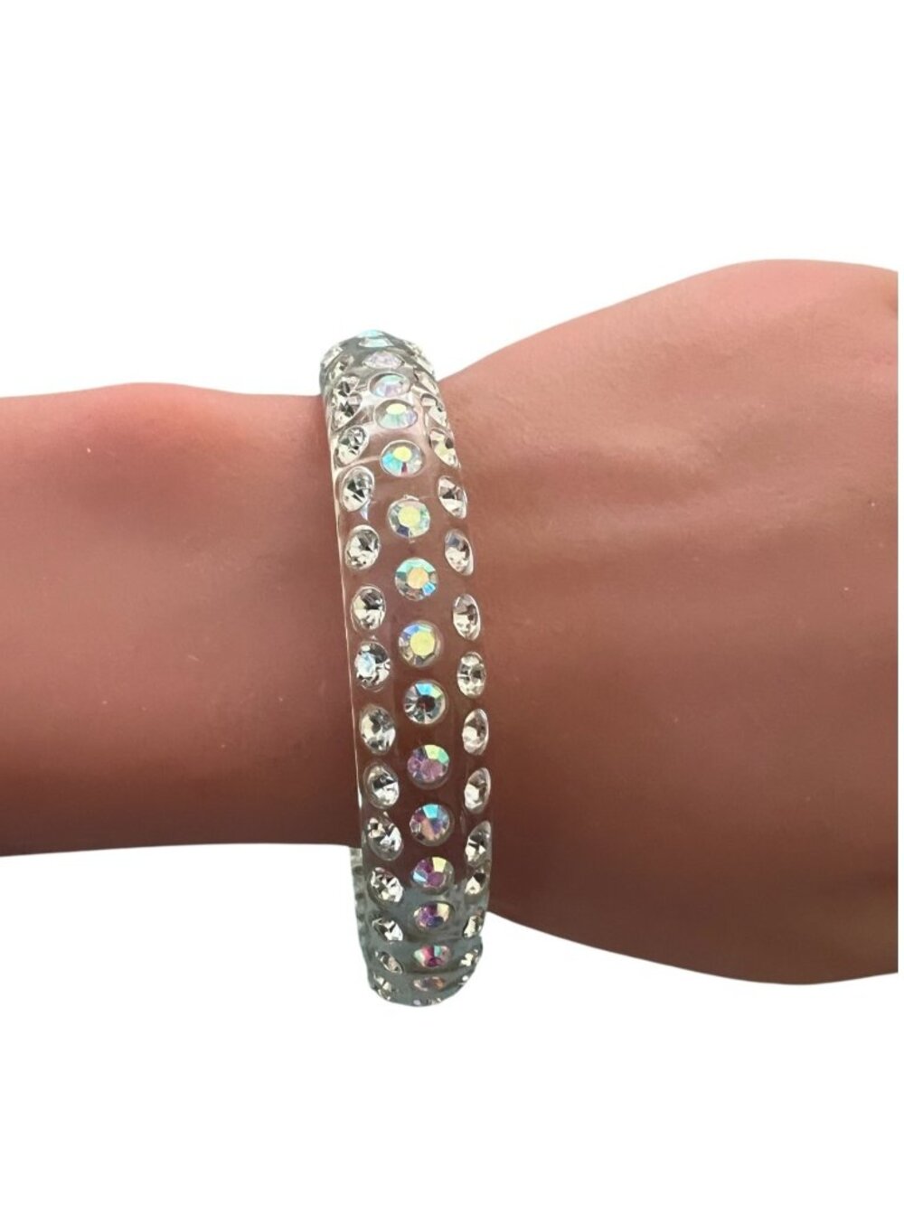 Vintage Clear Lucite Bangle Bracelet, Aurora Borealis & Clear Rhinestone Rhinest